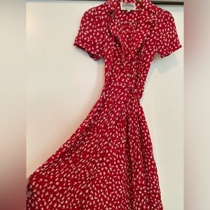 Seamstress of Bloomsbury 1940s Clover Print Red Wrap Peggy Dress
